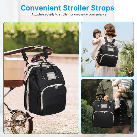 Diaper Bag Backpack, Multifunctional Baby Changing Bag with Foldable Crib & Insulated Milk Bottle Pocket,