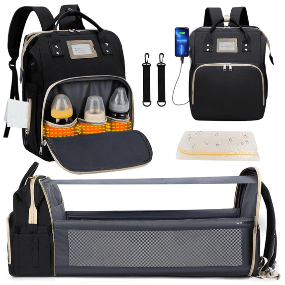 Diaper Bag Backpack, Multifunctional Baby Changing Bag with Foldable Crib & Insulated Milk Bottle Pocket,