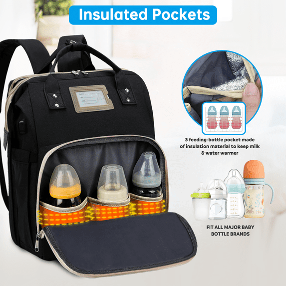 Diaper Bag Backpack, Multifunctional Baby Changing Bag with Foldable Crib & Insulated Milk Bottle Pocket,